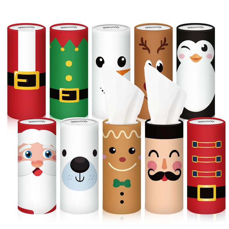 several toilet paper rolls decorated with christmas characters and santa claus, penguin, snowman, polar bear