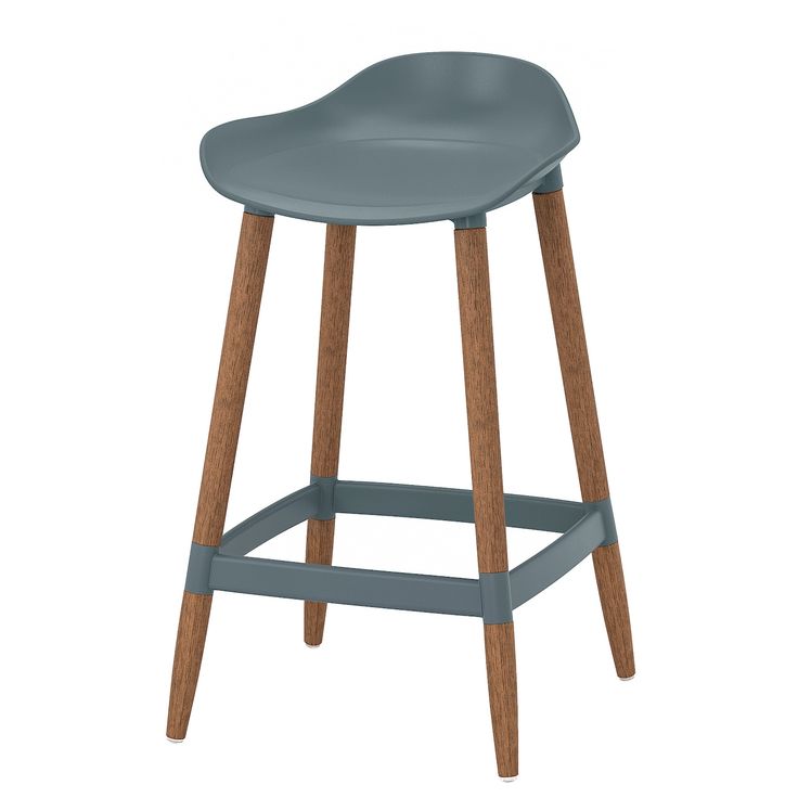 a blue stool with wooden legs and an upholstered seat on the backrest