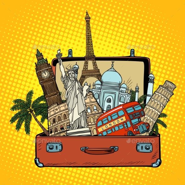 an open suitcase with sights around the world in pop art comic style - travel conceptual