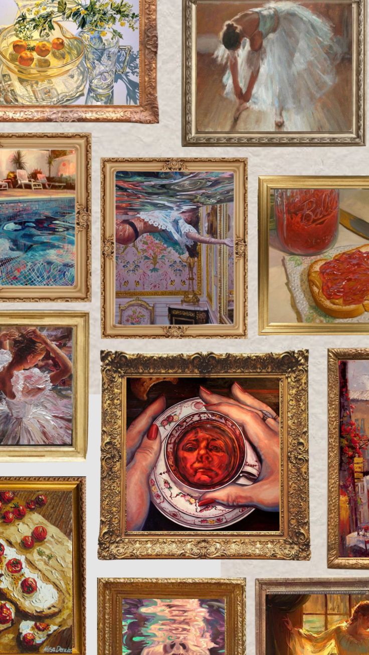 many paintings are hanging on the wall in front of each other, with one person holding a bowl