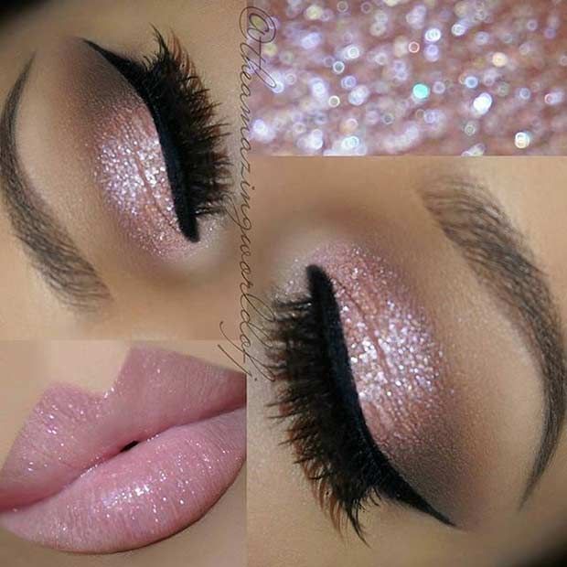 Pink Glitter Eyes Wedding Makeup Look Machiaj Smokey Eyes, Beautiful Wedding Makeup, Wedding Makeup For Brunettes, Wedding Eyes, Gold Eyeliner, Wedding Eye Makeup, Best Wedding Makeup, Brunette Makeup, Makeup For Blondes