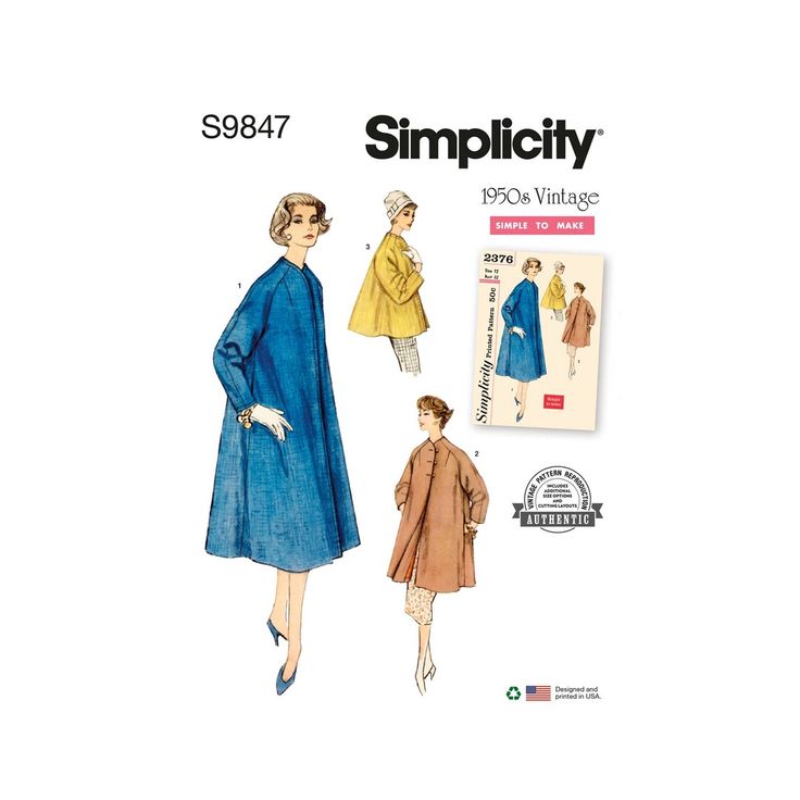 a women's coat and dress sewing pattern, with the words simplicity on