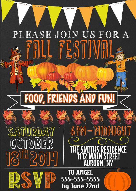 a flyer for an autumn festival with pumpkins and scarecrows on the front