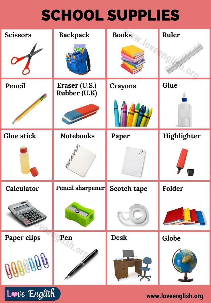 an image of school supplies and their names