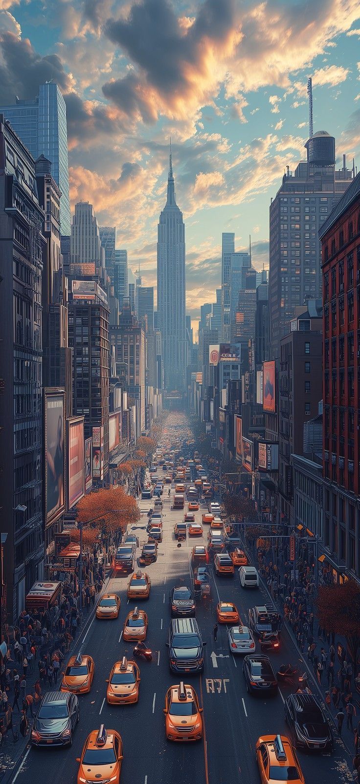 a city street filled with lots of traffic and tall buildings under a cloudy blue sky