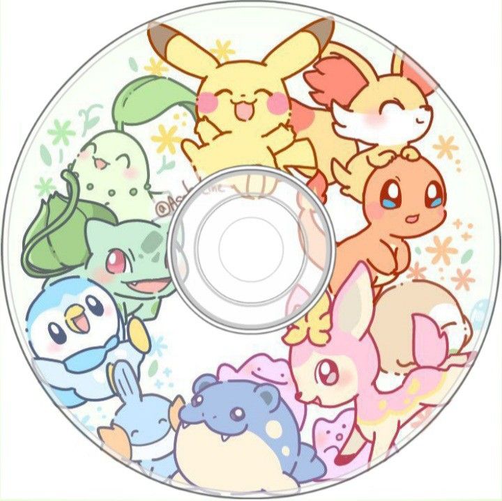 a cd with many different pokemon characters on the disc, including pikachu and eebi