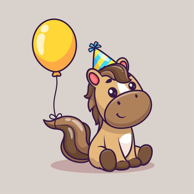 a cartoon horse with a party hat holding a yellow balloon and sitting down on the ground