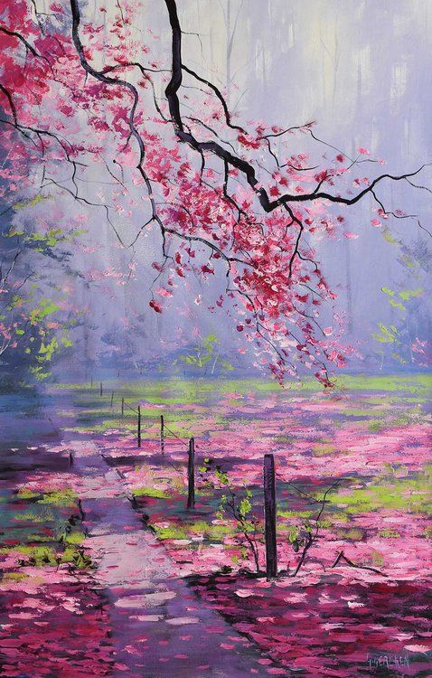 an oil painting of pink flowers in the rain by a lake with trees and fence