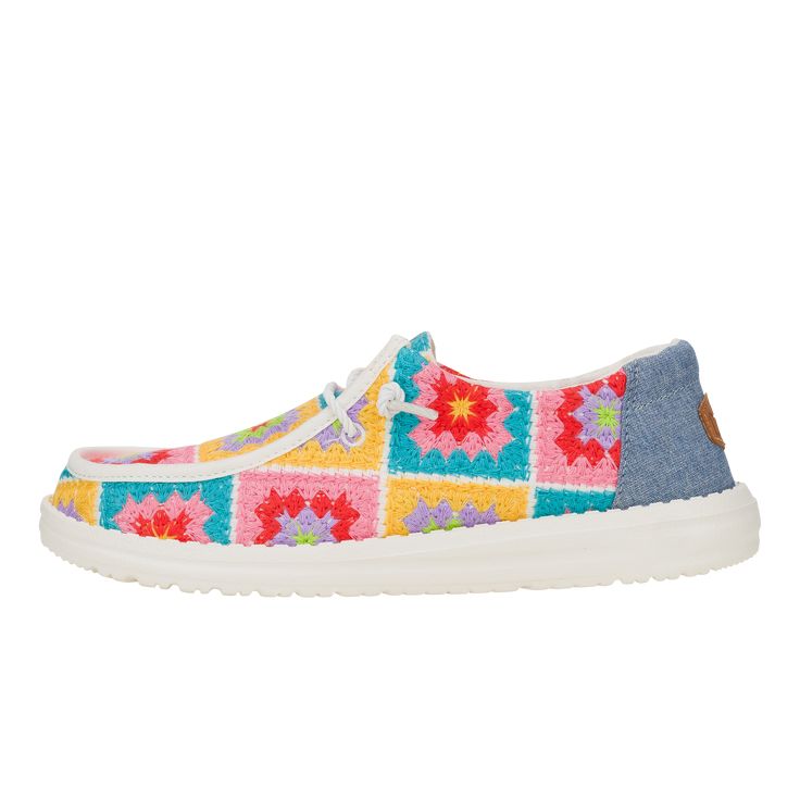 HEYDUDE | Women's Casual | Wendy Crochet Squares - Pink/multi | Size 9 - Introducing the Wendy Crochet Square, a dream for comfort and charm. An embroidered crochet top wraps your foot in style, while a cushy, comfy removable EVA foam-filled insole keeps you in plush comfort. Grandma chic vibes meet easy-on, breezy bliss for the ultimate dream. Shoe Specs:Embroidered crochet top​Elastic laces​Lightweight outsole ​​Flexible outsole ​Easy-on system​Travel ready​Removable foam insoleRelaxed Fit: Ample roominess allows for laid-back, easygoing feel Women's Casual Shoes, Wendy Crochet Squares - Pink/Multi, Hey Dude, HEYDUDE | Women's Casual | Wendy Crochet Squares - Pink/multi | Size 9 Grandma Chic, Dream Shoe, School Uniform Shoes, Embroidered Crochet, School Uniform Kids, Affordable Shoes, Chic Vibes, Walk This Way, Hey Dude