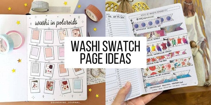 a person holding up a book with washi swatch pages on it and the title overlay reads washi swatch page ideas