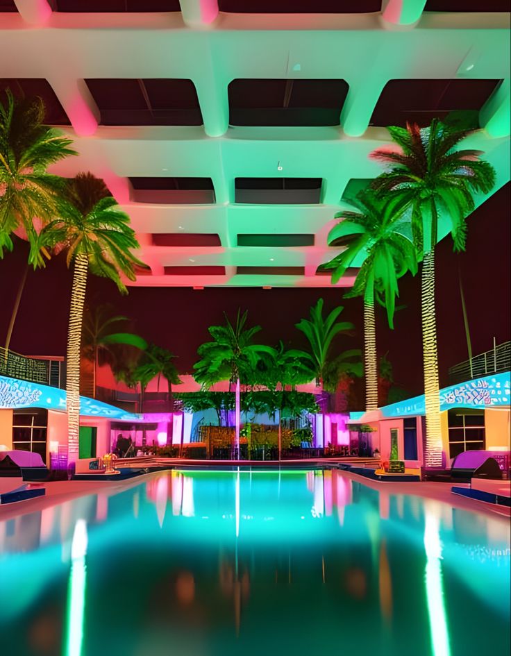 Fantasy art: neon vaporwave Miami club vibes with palm trees liminal Pool Club Design, Pool Club Aesthetic, Miami Vibes Aesthetic, Miami Club Aesthetic, Pool Background Aesthetic, Neon Pool Aesthetic, Neon Beach Aesthetic, Pool Background, Neon Vaporwave