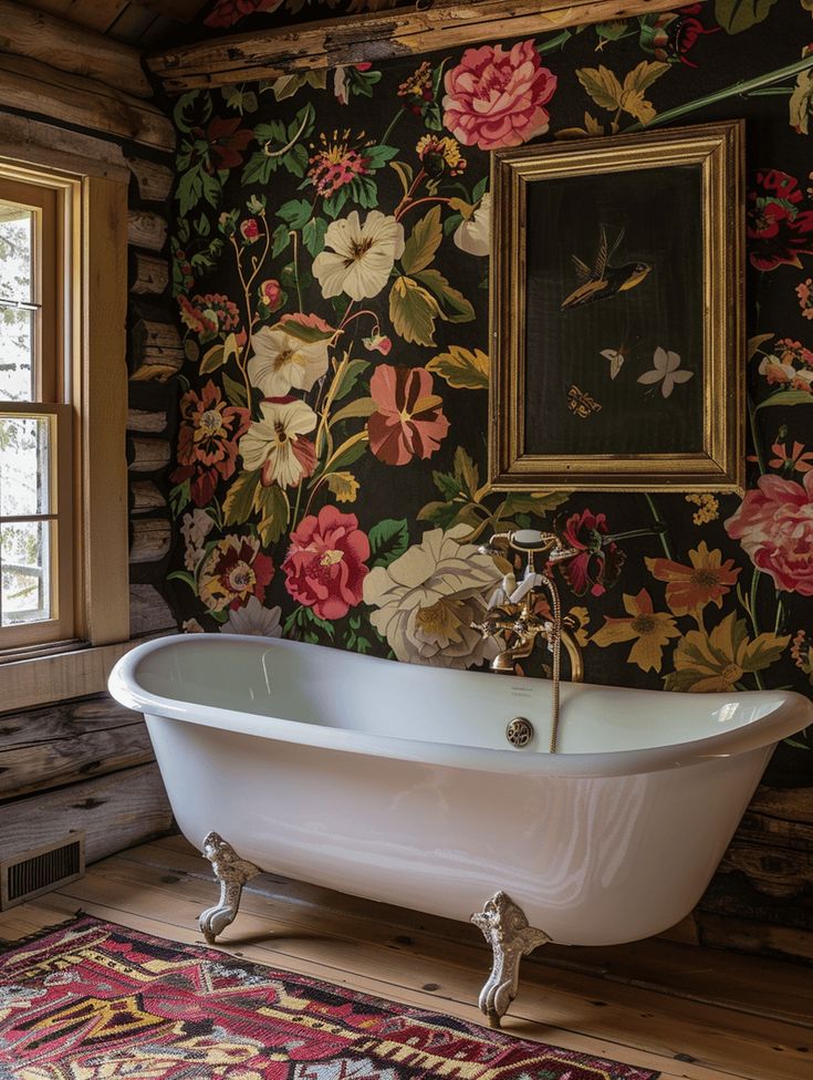 an old fashioned bathtub in the corner of a rustic bathroom with floral wallpaper