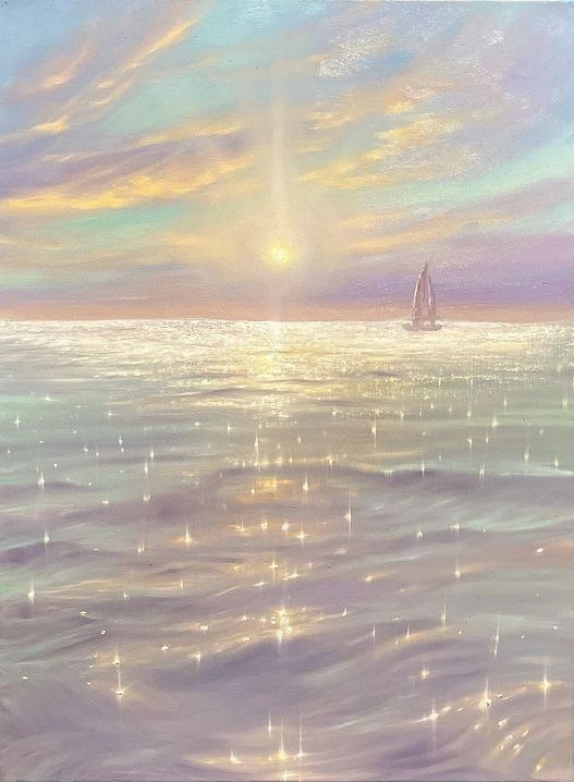 a painting of a sailboat in the ocean at sunset with stars on the water