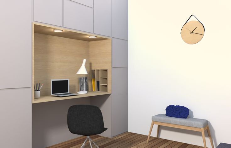 a room with a chair, desk and clock on the wall next to a shelf