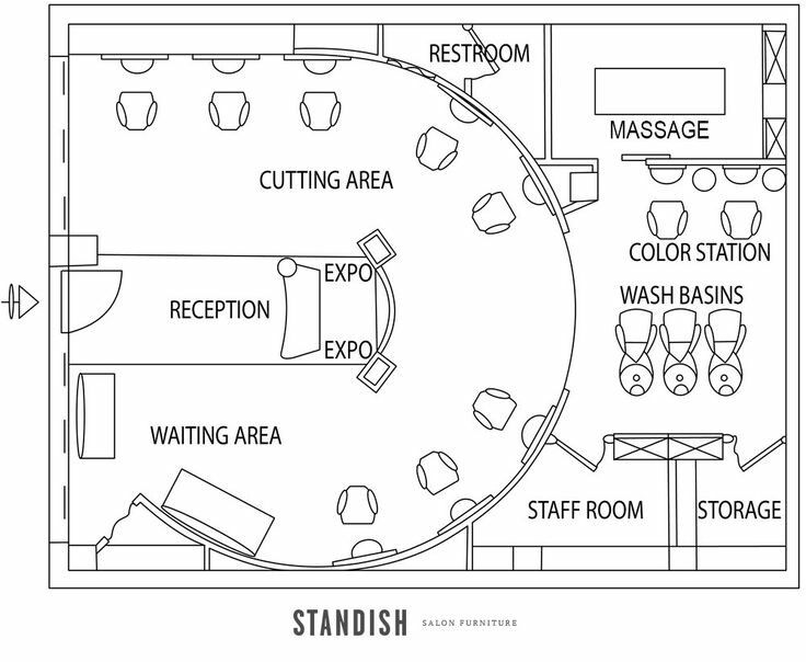 the floor plan for an office with seating and desks, as well as a reception area