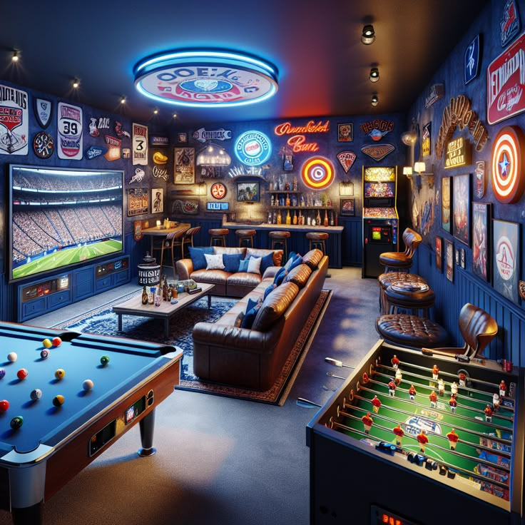 a man cave with pool tables, couches and foo - pong tables in it