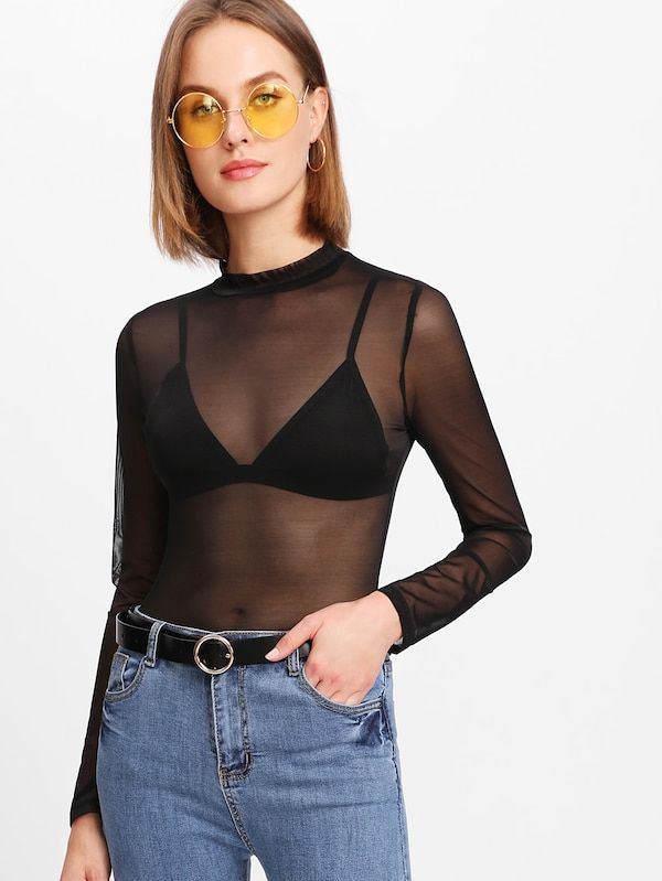 Haut Transparent, Sheer Mesh Top, Mesh Tops, Mock Neck Long Sleeve, Mock Neck Top, Going Out Tops, Mesh Long Sleeve, Sheer Sleeves, Sheer Blouse