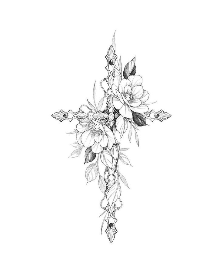 a cross with flowers on it and leaves around the cross is drawn by hand in black and white