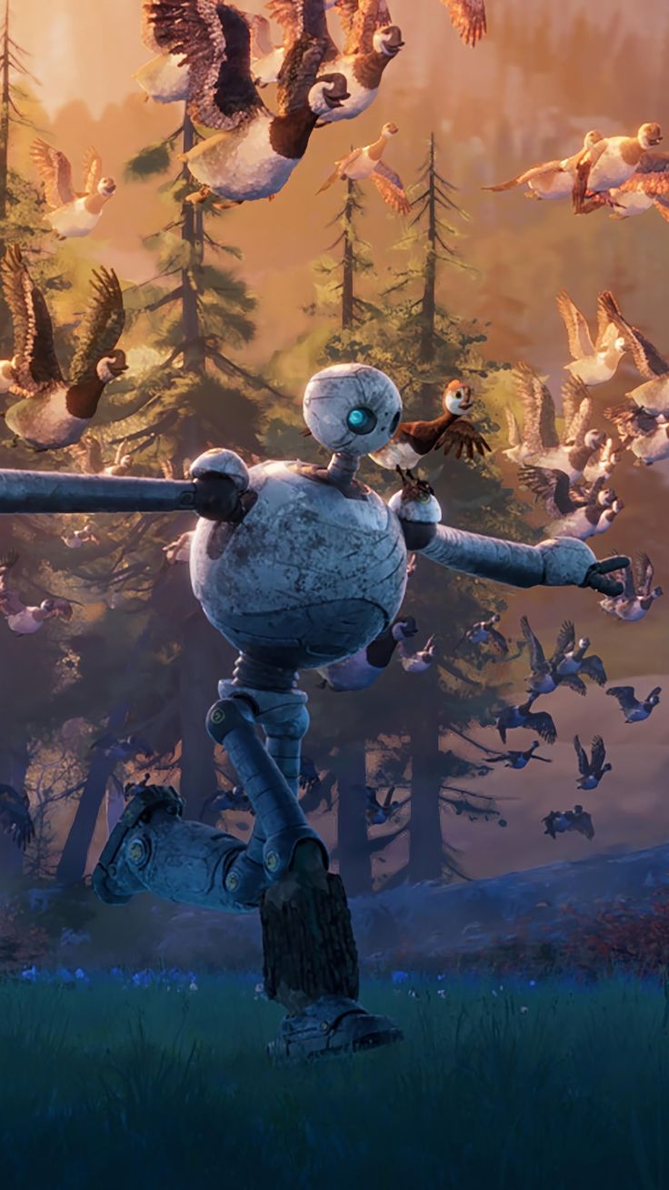 the robot is balancing on a tree stump in front of many birds flying over him