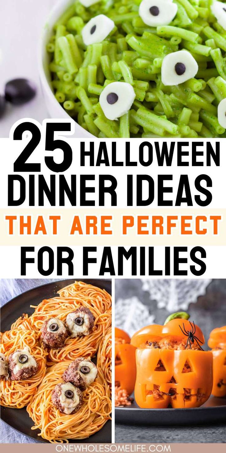 Collage of halloween dinner ideas. Halloween Kids Meal Ideas, Fun Dinners To Make Together, Kid Halloween Dinner Ideas, Halloween For Kids Food, Family Halloween Dinner, Halloween Meals For Party Easy, Fun Halloween Dinners For Kids, Halloween Night Food, Halloween Toddler Meals