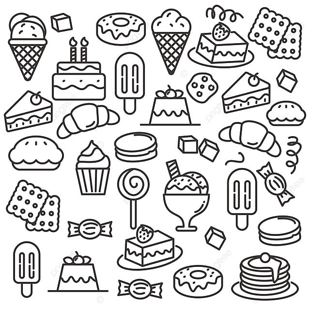 a set of doodle style food and desserts, such as cake, ice cream, lollipop, cookies, waffles