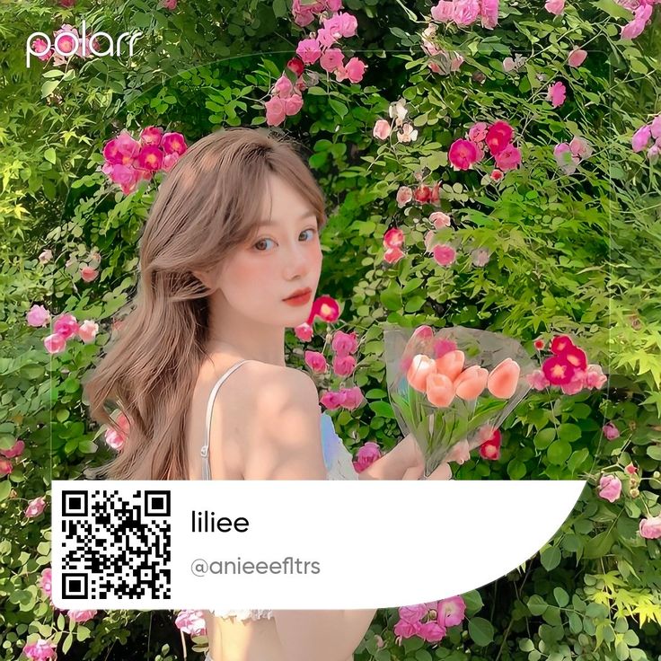 a girl is holding flowers in front of some bushes and pink flowers with qr code on it