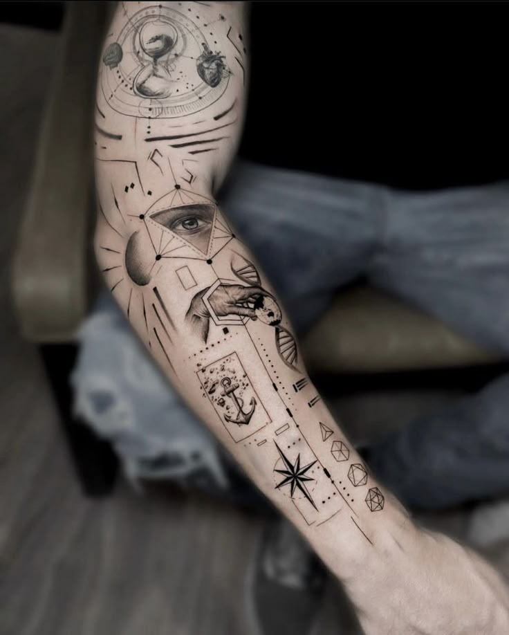 a man's arm with many different things on it and his face in the middle