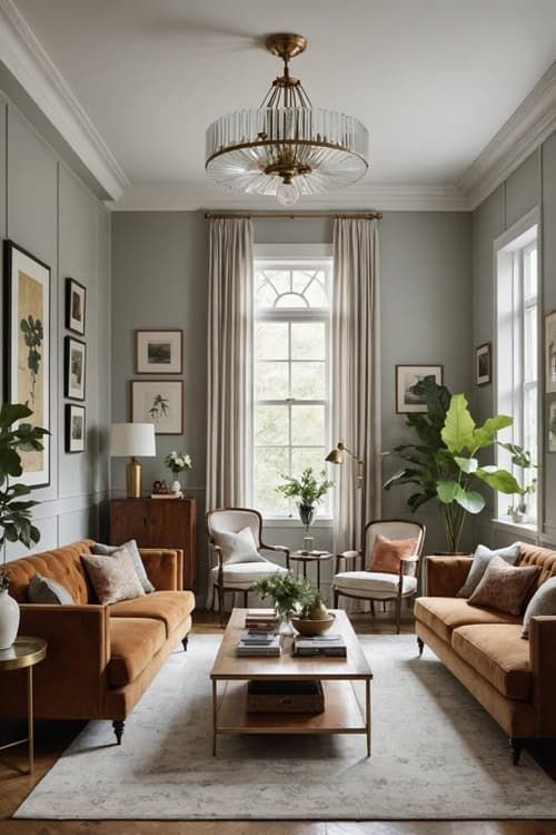 a living room filled with furniture and a chandelier