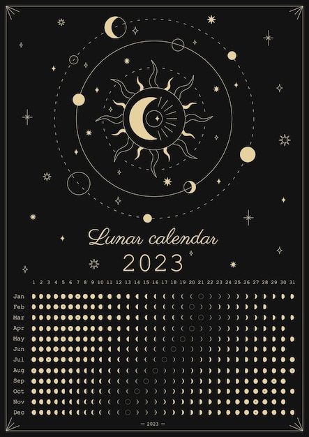 a calendar with the sun, moon and phases in gold on a black background illustration