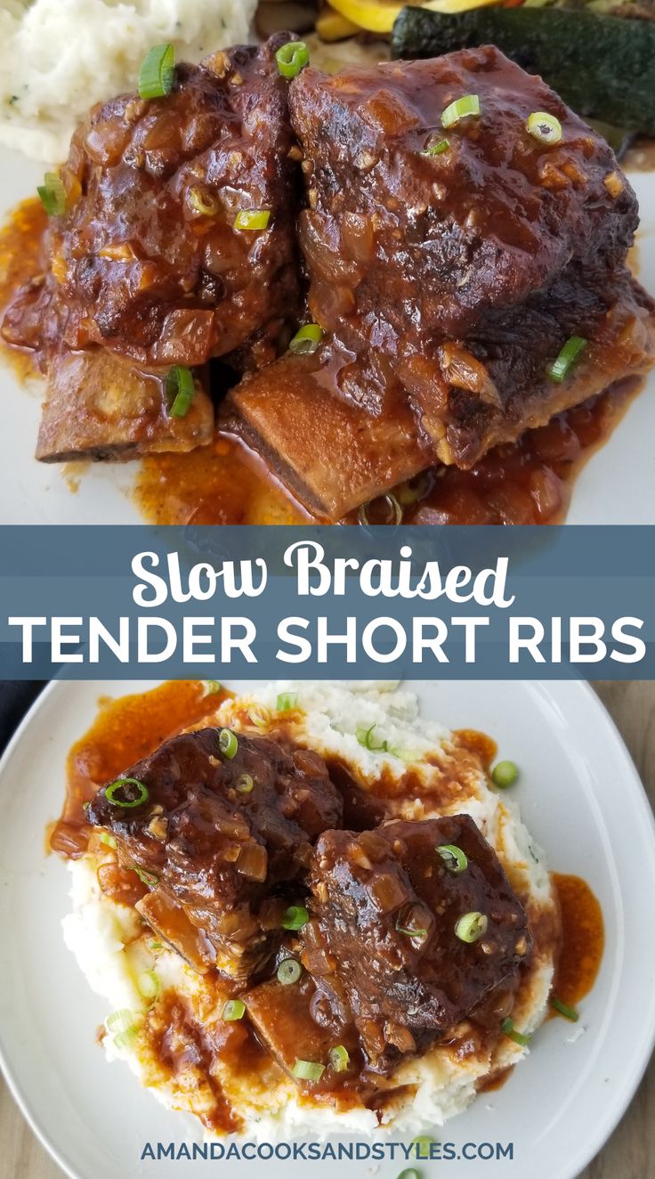 slow cooked tender short ribs with mashed potatoes and gravy