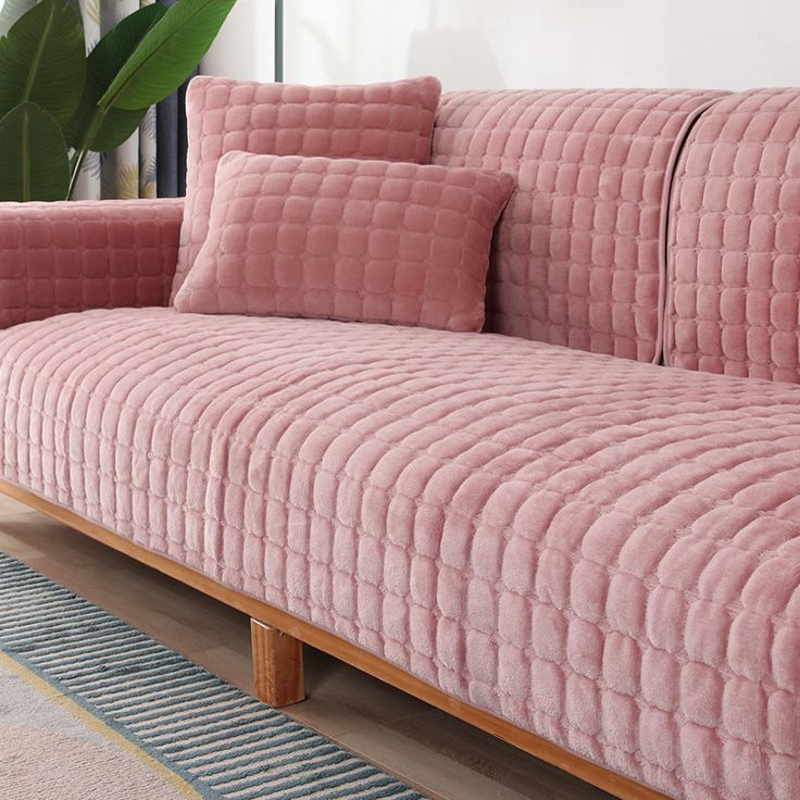 a couch with two pillows on it in front of a potted plant and rug