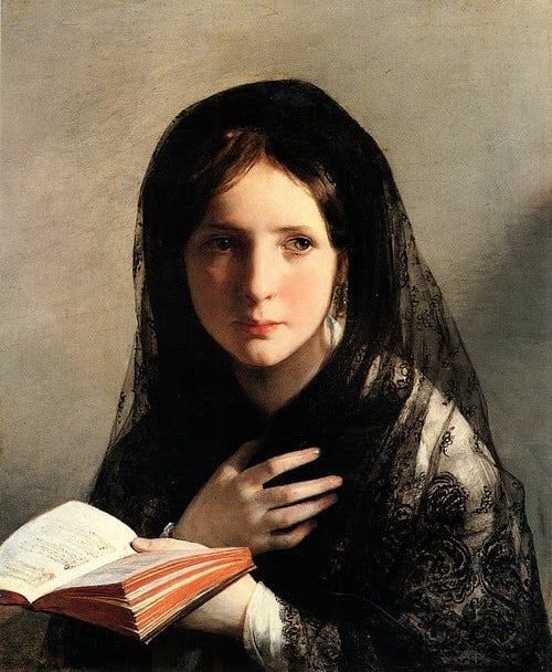 a painting of a woman wearing a veil and holding a book