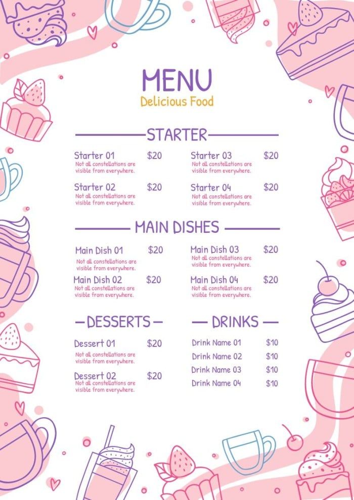 a menu for a restaurant with different desserts and drinks on the table in pastel colors