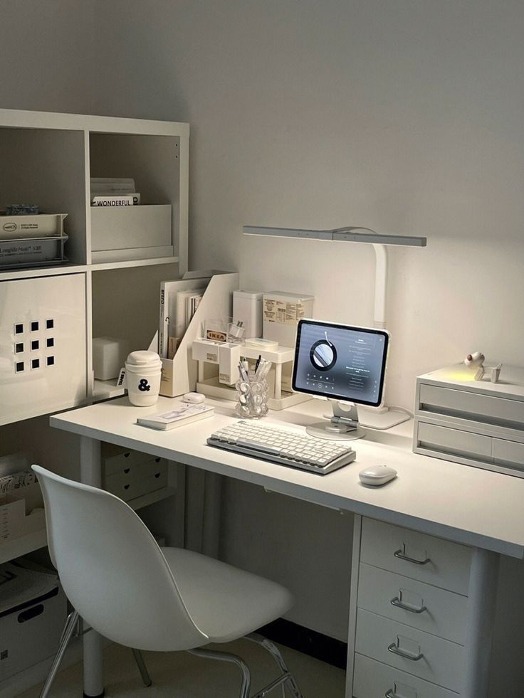 a white desk with a computer on top of it