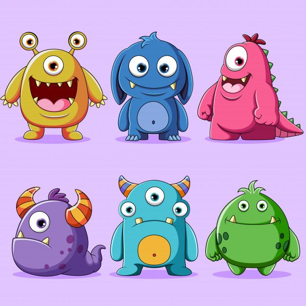 four different colored monsters with big eyes