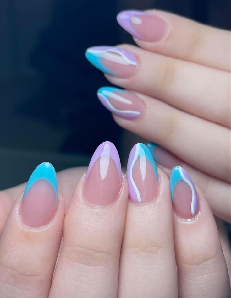 Cute Blue And Purple Nails, Blue Purple White Nails, Almond Purple Nails Designs, Pastel Purple And Blue Nails, Acrylic Nails Purple And Blue, Alomd Nails Cute Summer, Light Purple And Blue Nails, Baby Blue And Purple Nails, Blue Purple Nails Ideas