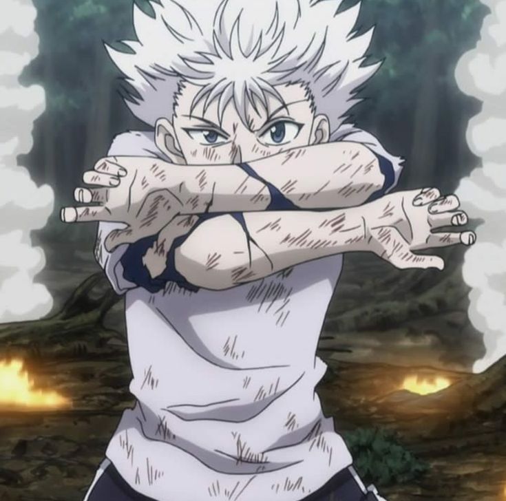 an anime character with white hair is holding his arms out in front of the camera