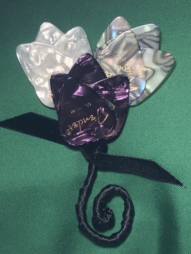 two pieces of chocolate sitting next to each other on a green tablecloth with black ribbon