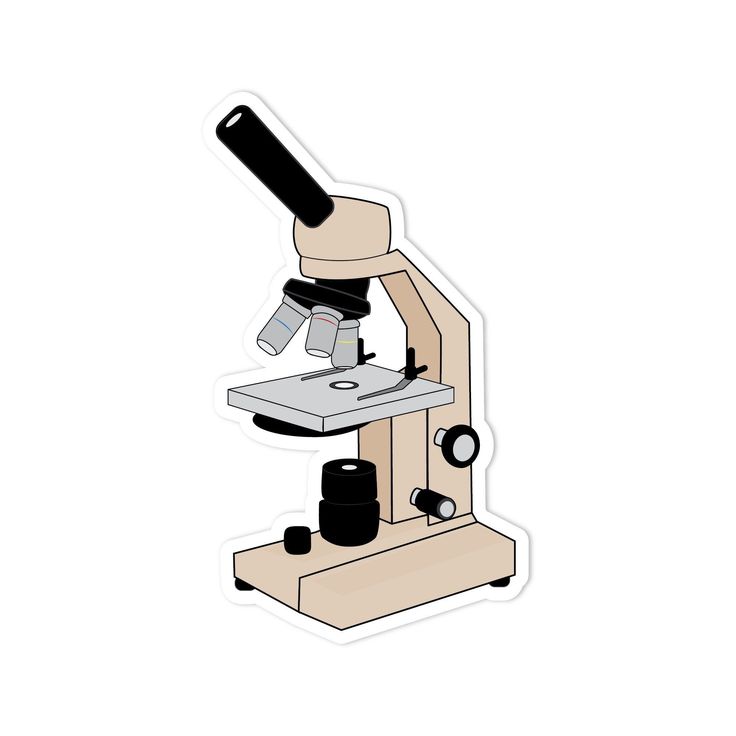 a sticker of a microscope with a black object in the bottom right hand corner