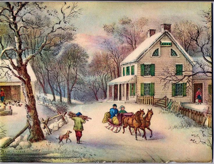 an old fashioned christmas scene with horses pulling a sleigh and people in the snow