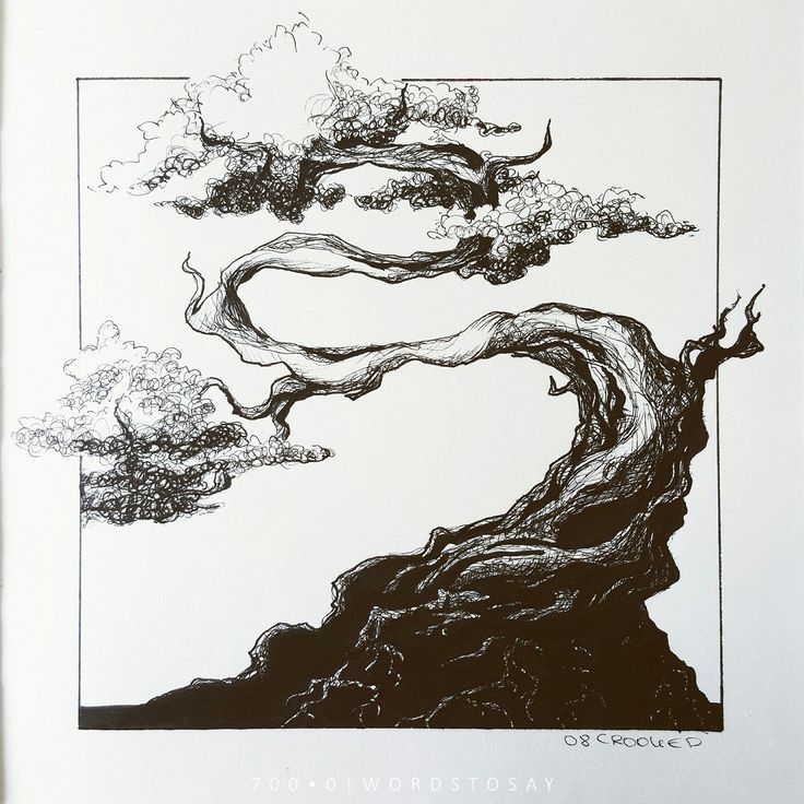 a black and white drawing of a tree on top of a hill with the sky in the background