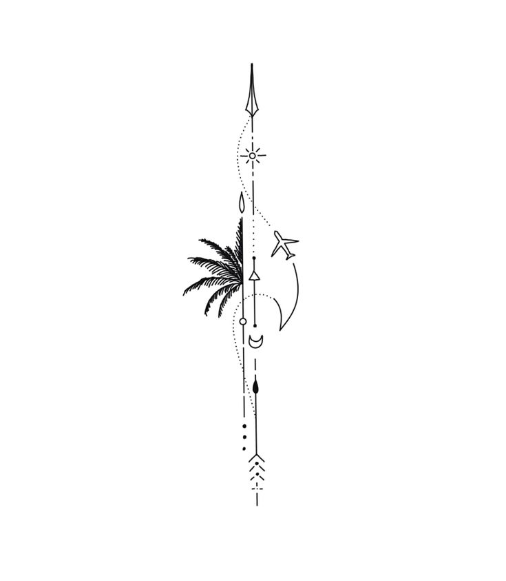 a black and white drawing of a palm tree with an arrow hanging from it's side