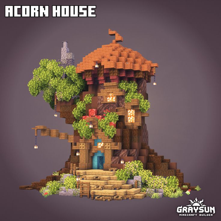 an image of a house made out of trees and rocks with the text, acorn house