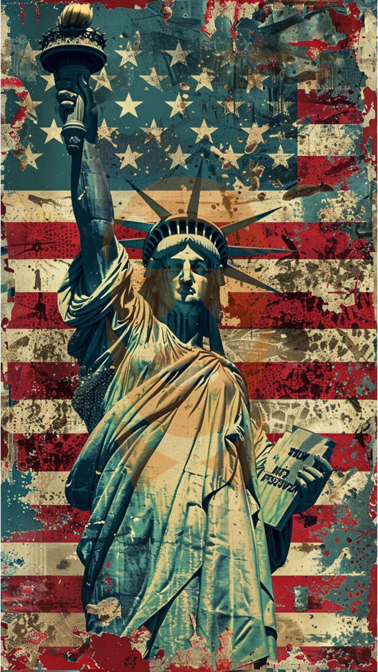 the statue of liberty on an american flag background with grunge effects and faded edges