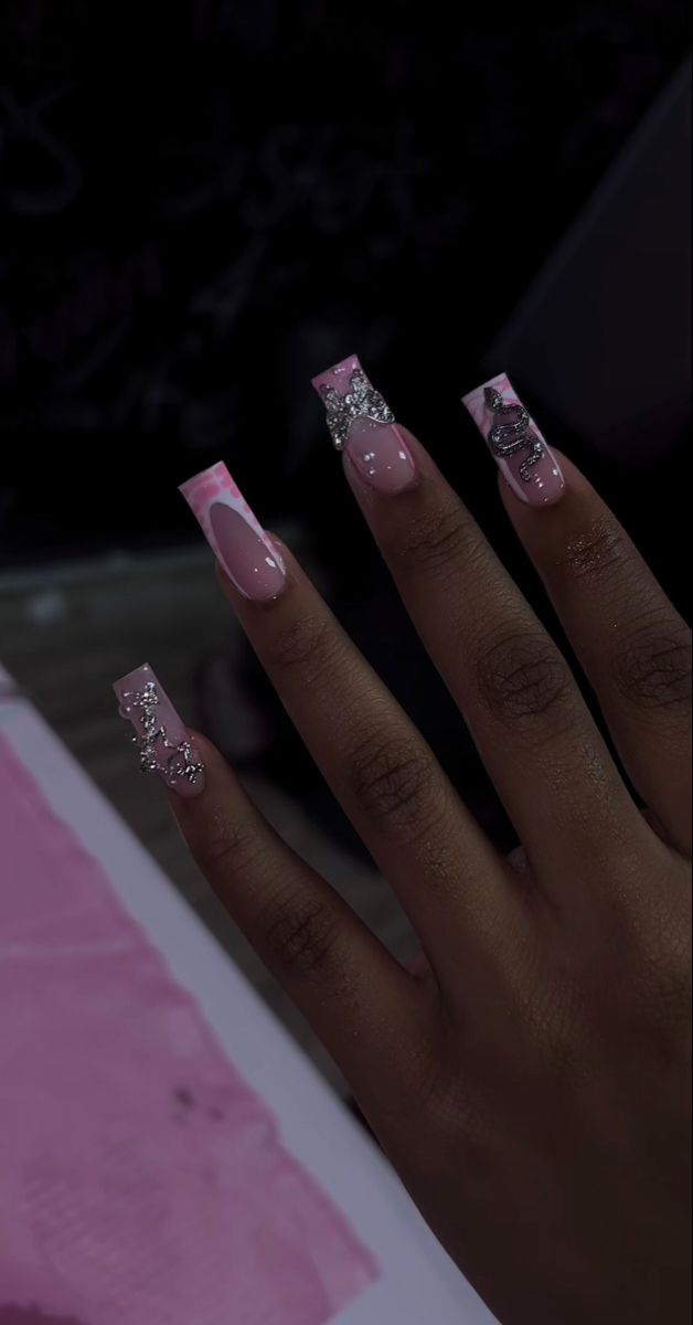 Long Dramatic Nails, Medium Long Birthday Nails, Medium Nails With Charms, Pink Baddie Acrylic Nails, 17th Birthday Nails Acrylic, Medium Birthday Nails, Medium Pink Nails, Colored Acrylic Nails, Girly Acrylic Nails