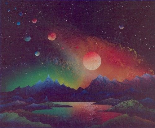 an image of planets in the sky with mountains and water around them, as well as stars