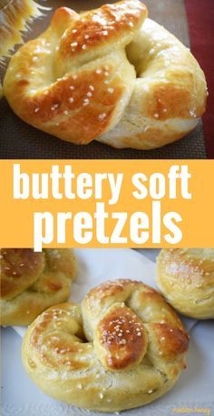 buttery soft pretzels on a white plate with the words, buttery soft pretzels