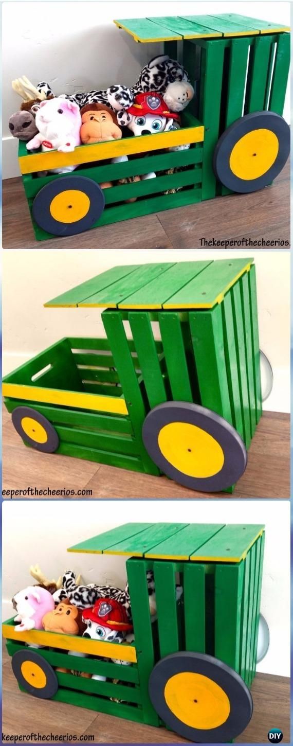 a green toy truck with stuffed animals in it's back and sides, sitting on top of a wooden floor