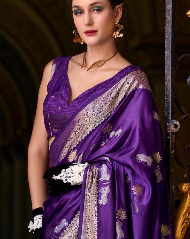 Purple Crepe Satin Silk Saree, Saree For USA Women, Designer Saree, Party Wear Saree, Wedding Wear Saree, Purple Saree, Stitched Blouse Saree Classy, Saree Purple, Wedding Wear Saree, Saree Party, Satin Silk Saree, Indian Dresses Online, Saree Party Wear, Saree With Belt, Saree Bollywood