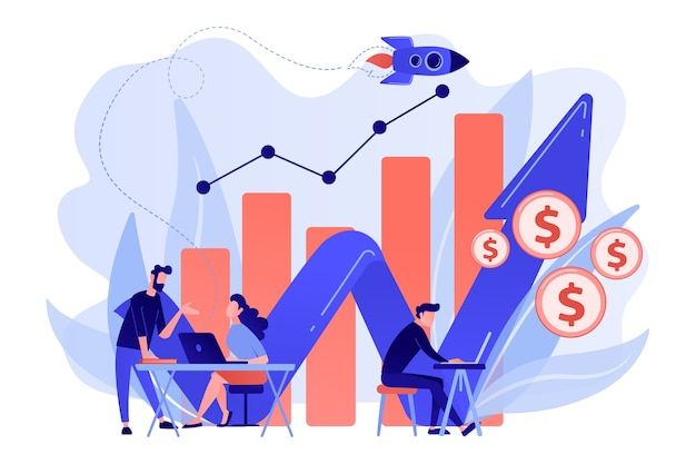 two people sitting at a table in front of an upward graph with dollar signs on it